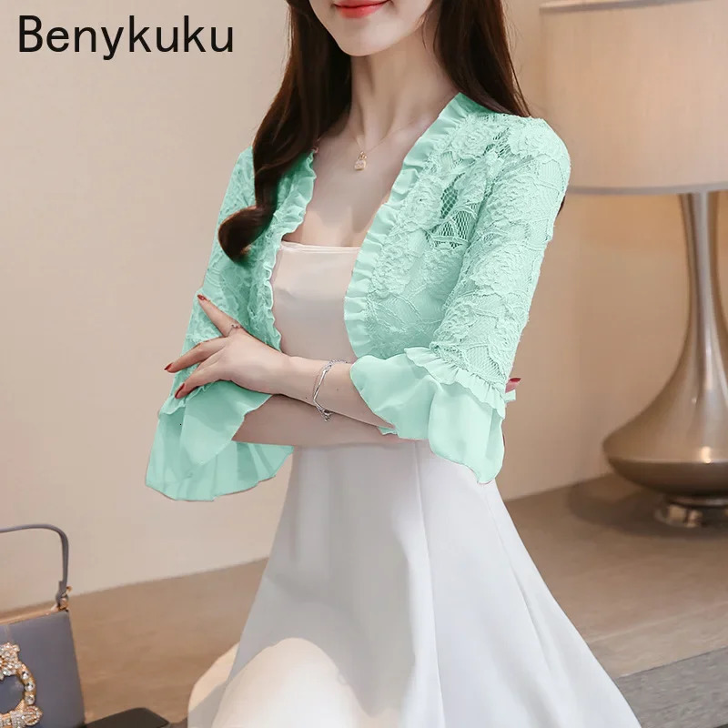 Sweet Pink Lace Bolero Shrugs for Party Dress Summer Women Clothes Flare Sleeve Elegant Cardigan Top Shawls Basic Coat Jackets 250227