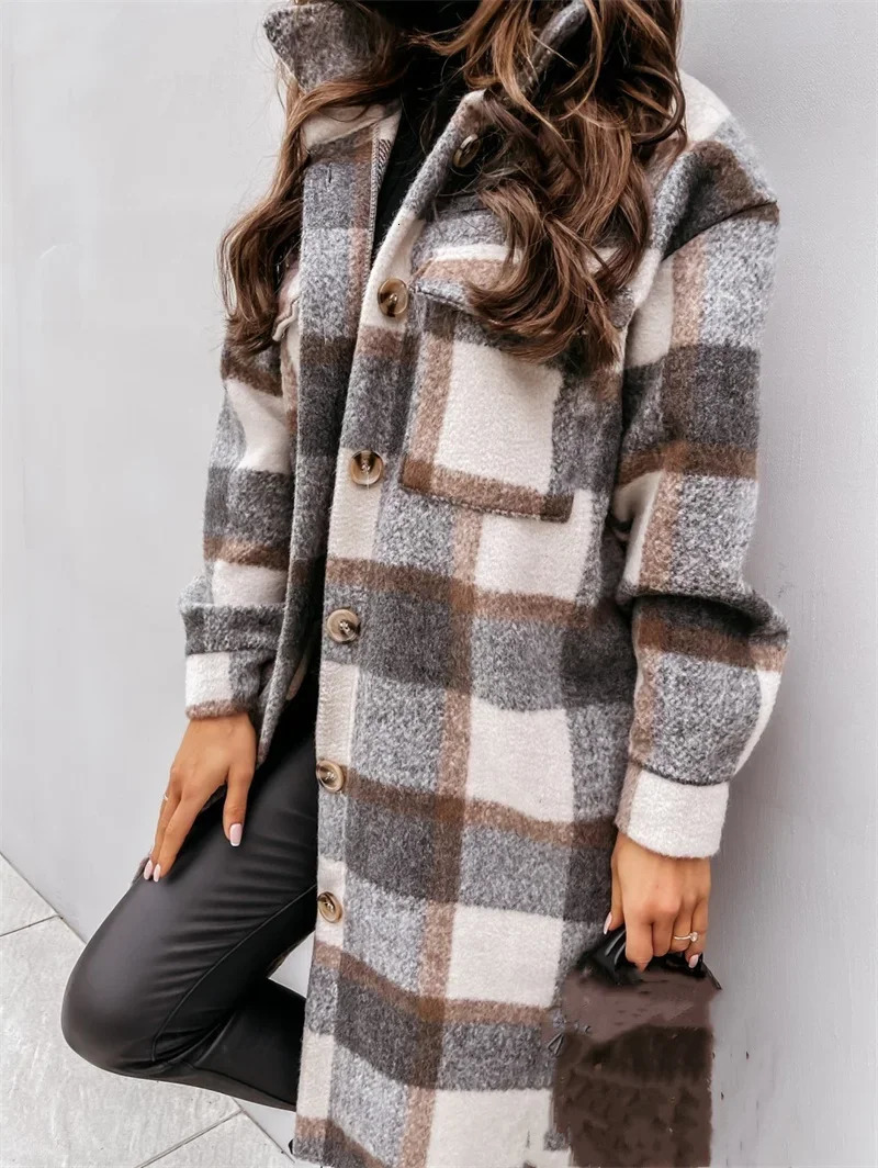 Women Check Tweed Long Shirt Autumn Winter Thickened Warm Single-breasted Cardigan Blouse Female Casual Double Pockets Outerwear 250226