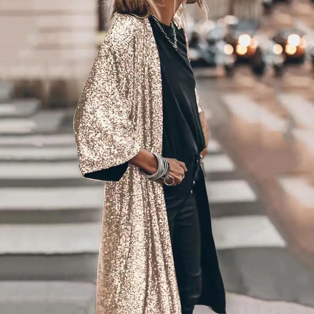 Fashionable cardigan wool sweater skin touch dress solid color womens shiny sequin medium length jacket 250227