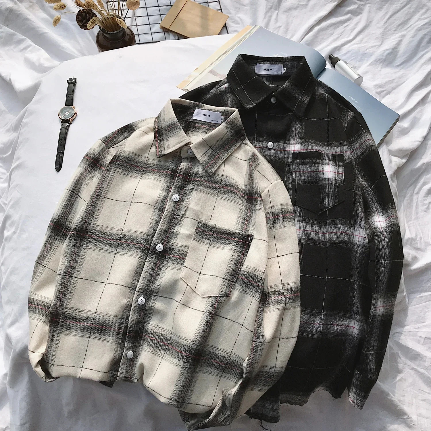 Spring Fashion Plaid Shirts Oversized Long Sleeve Shirt Men Loose Casual Flannel Checkered 250226