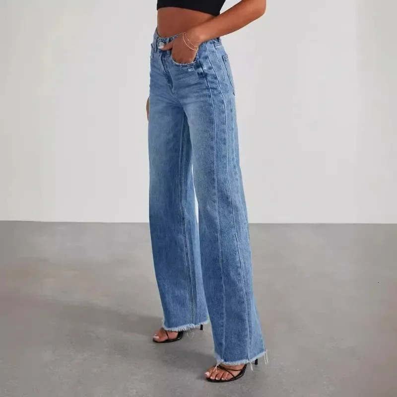 Spring Summer Womens Clothing Solid Color Loose Wide Leg Side Seam Stitching Frayed Hem Jeans 250226