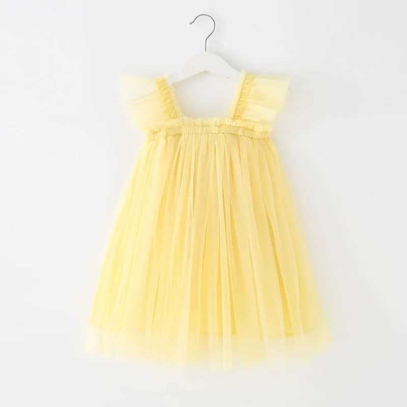 Summer Dress for Baby Girl Sling Sleeveless Square Collar Yellow Purple Pink Blue Green Mesh Princess Dress Child Clothing E2200T250227