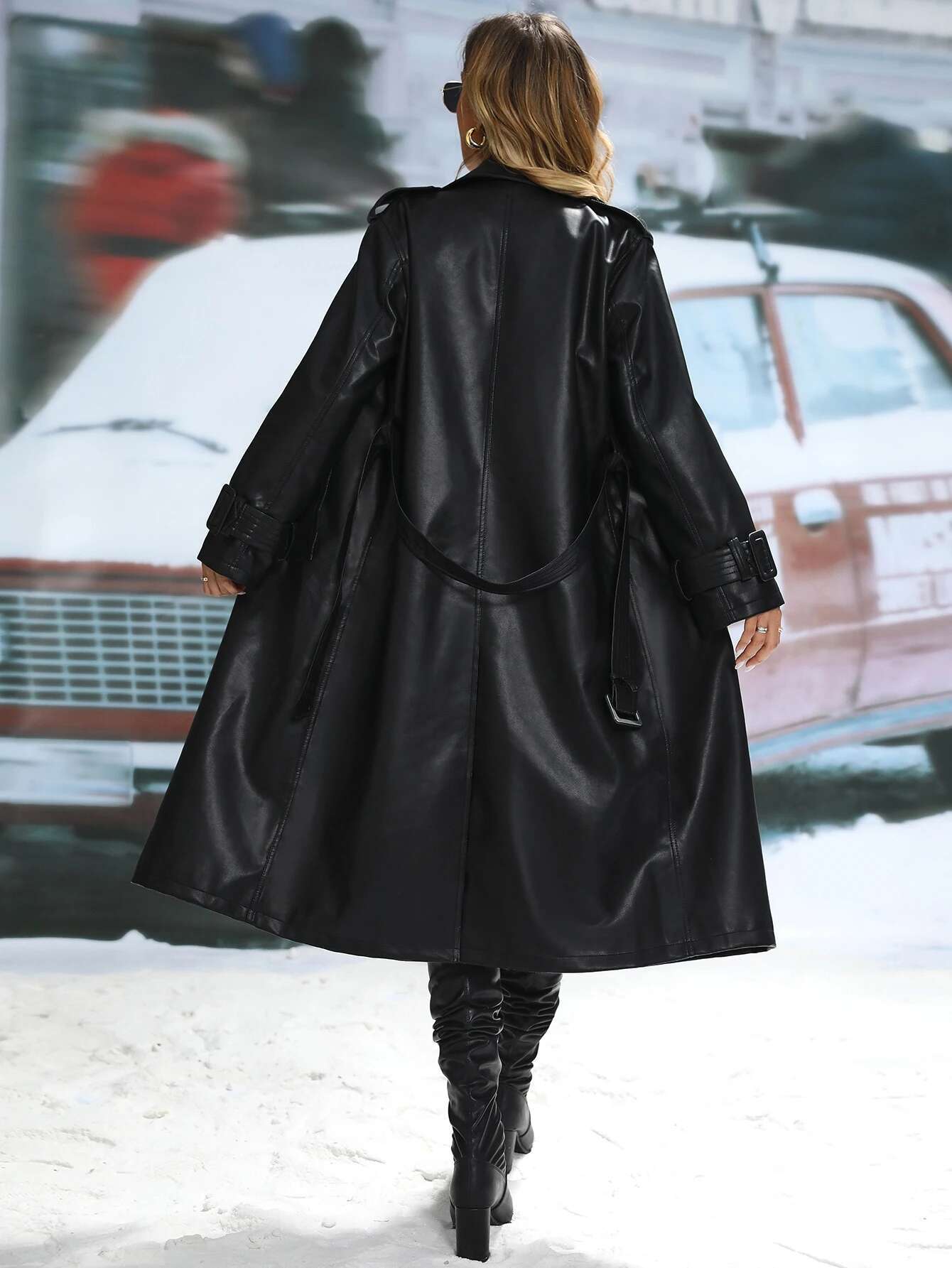 Fitaylor Autumn Winter Women Faux Leather Jacket Casual Lady Lapel PU Long Coat With Belt