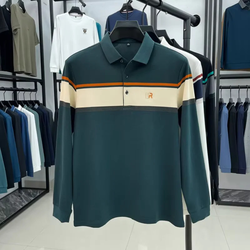 striped long sleeved fashionable embroidered mens polo shirt 2025 autumn silk cotton breathable casual T-shirt 250224