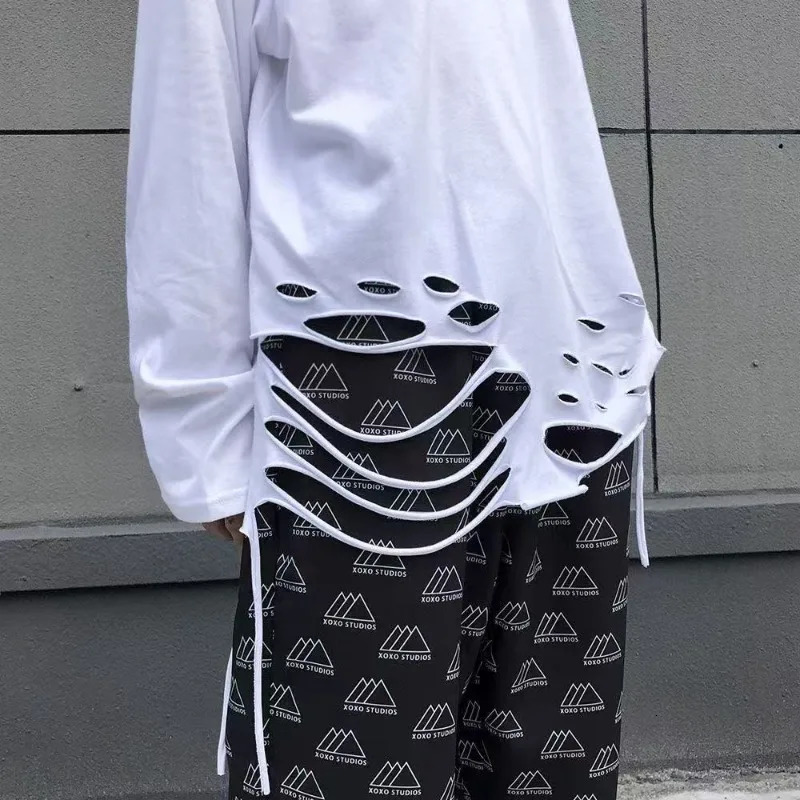 Spring Street Fashion Loose Ripped Long-sleeved Top Men Y2k Japanese and Korean Fashion Casual Classic Oversized T-shirt Women 250226