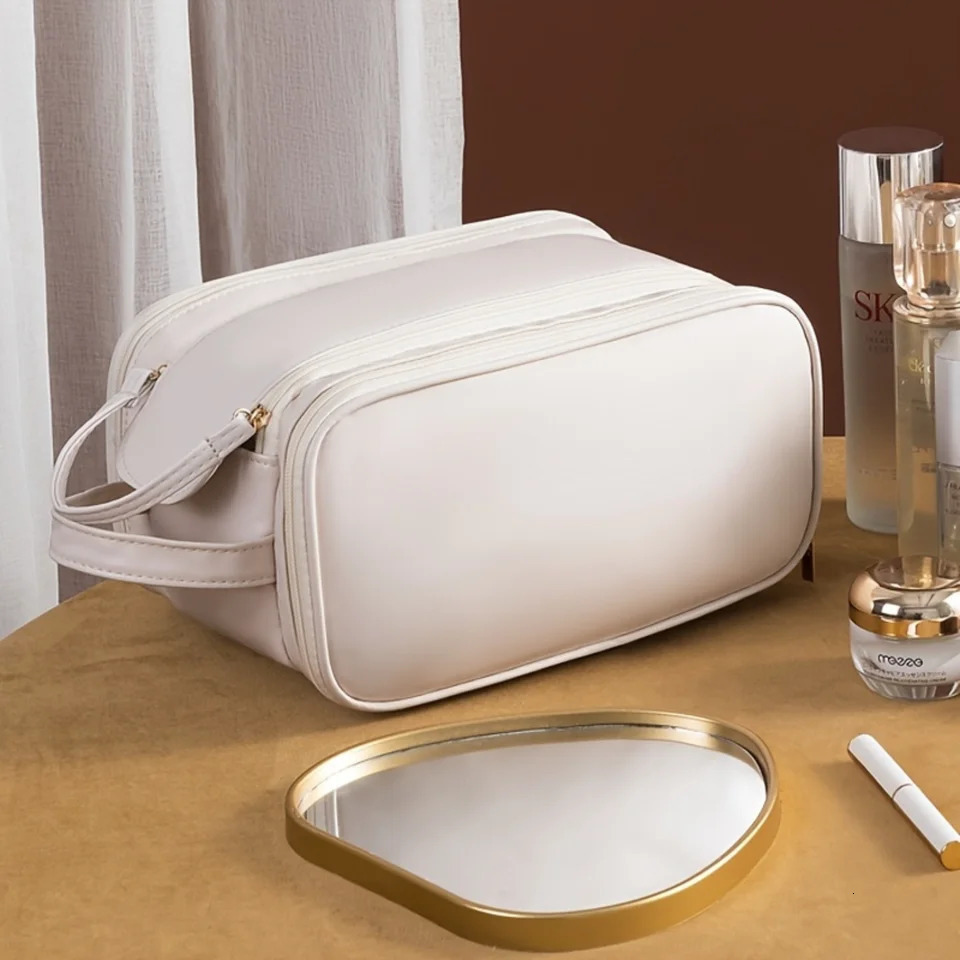Ship from US Large Capacity Trifold PU Leather Cosmetic Bag Spacious WaterResistant Stain Resistant Fade Zip Pocket Makeup B 250227FBB