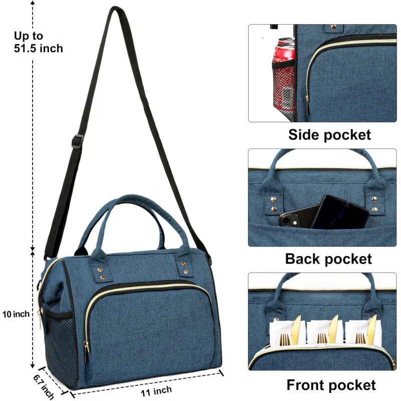 Ship from US Large Insulated Lunch Bag Men Blue Reusable Cooler with Pockets Leakproof and Insulation 250227FBB