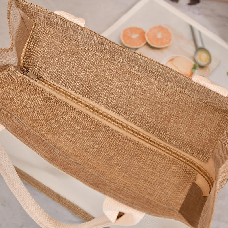 Ship from US Solid color zipper canvas ladies tote bag large capacity handheld faux linen storage portable travel handbag 250227FBB