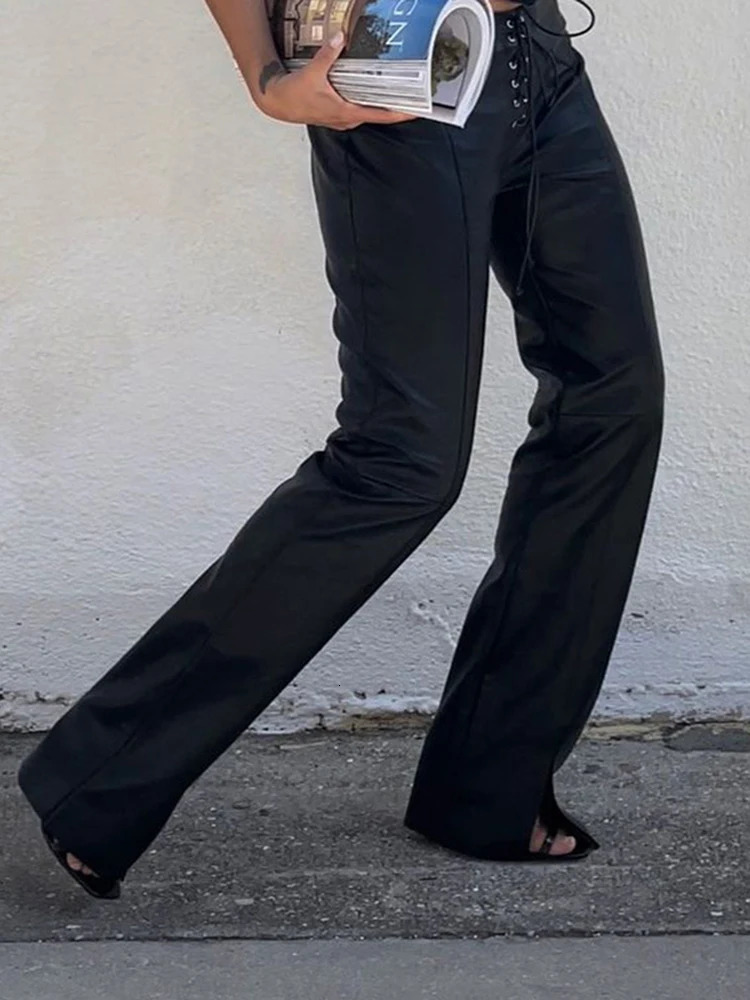 Cryptographic Fashion PU Faux Leather High Rise Skinny Straight Pants for Women Streetwear Bottom Club Party Goth Pant Trousers 250227
