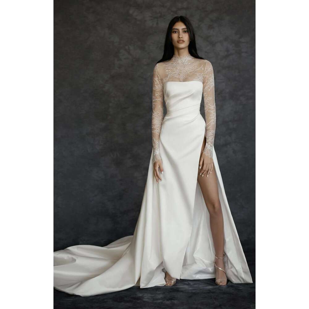 Elegant ha a wedding for woman high neck r painting satin side divide long sleeves custom dress robe