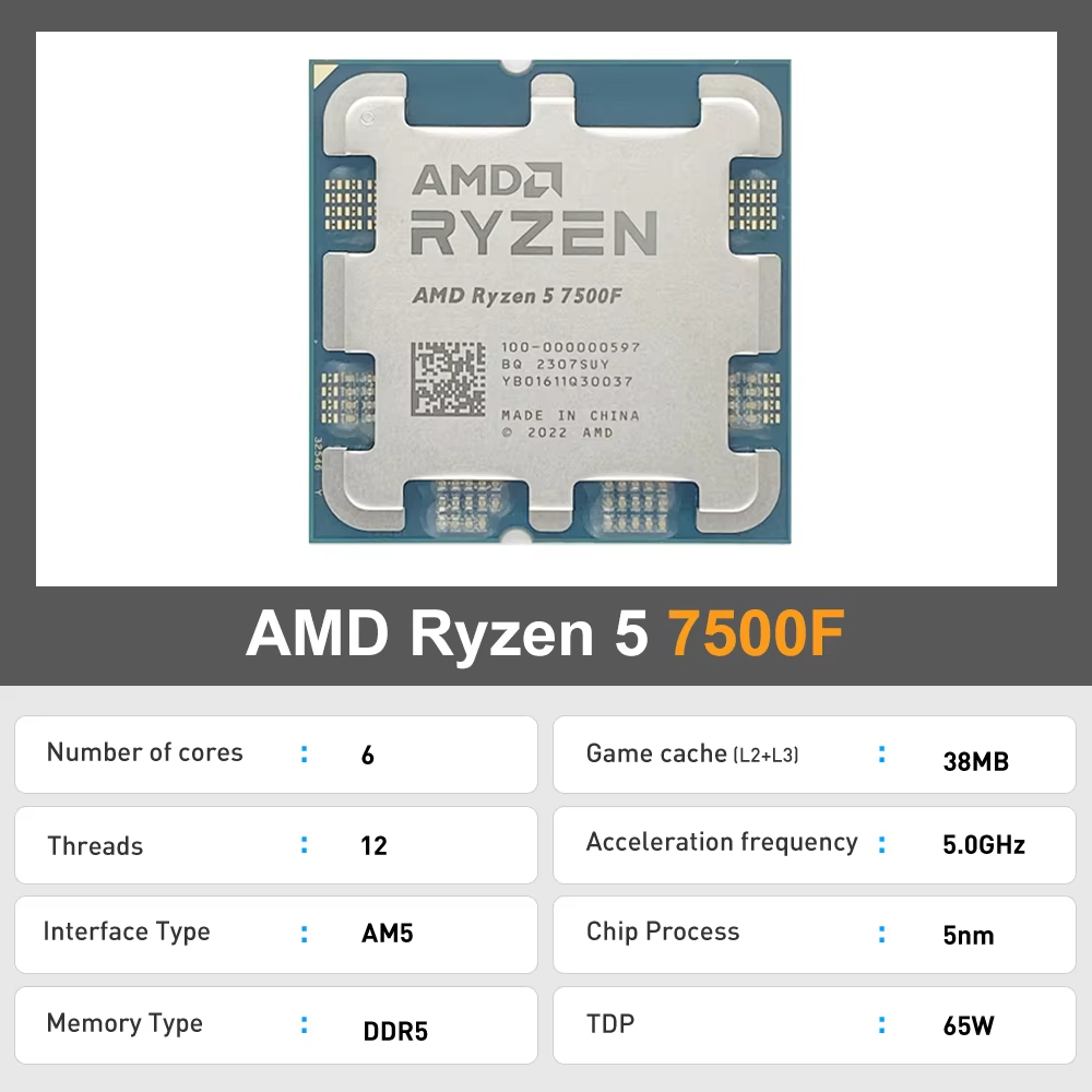 New AMD Ryzen 5 7500F R5 7500F 3.7GHz 6-Core 12-Thread CPU Processor 5NM L3=32M 100-000001015 Socket AM5 Tray but without cooler