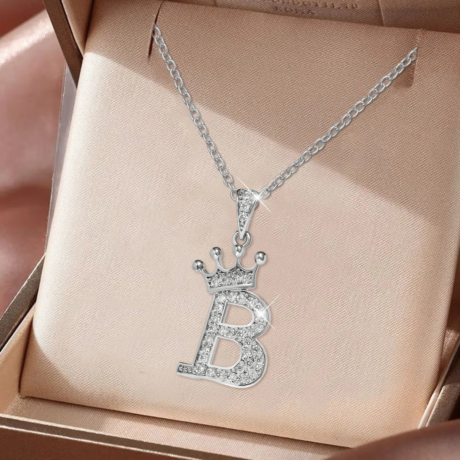 Stainless Steel Cubic Zirconia Name Crown Letter Pendant Necklace For Women Hip Hop Punk Girl Alphabet Fashion Jewelry 250227