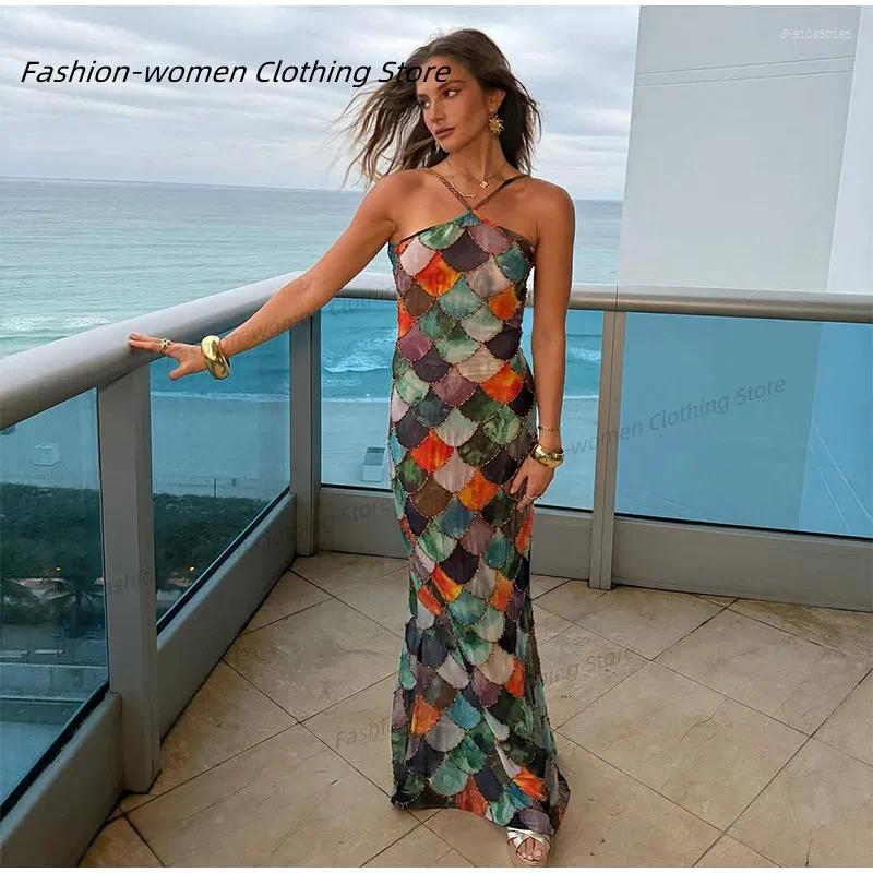Chic Fish Scale Print Halter Backless Maxi Dress Women Sexy Sleeveless Bodycon Contrast Vestidos Summer Vacation Beach Dresses