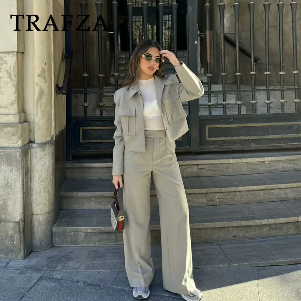 TRAFZA Spring Summer Casual Women Solid Suits Fashion Streetwear Pockets Turndown Collar Short JacketsChic Wide leg pants 250226