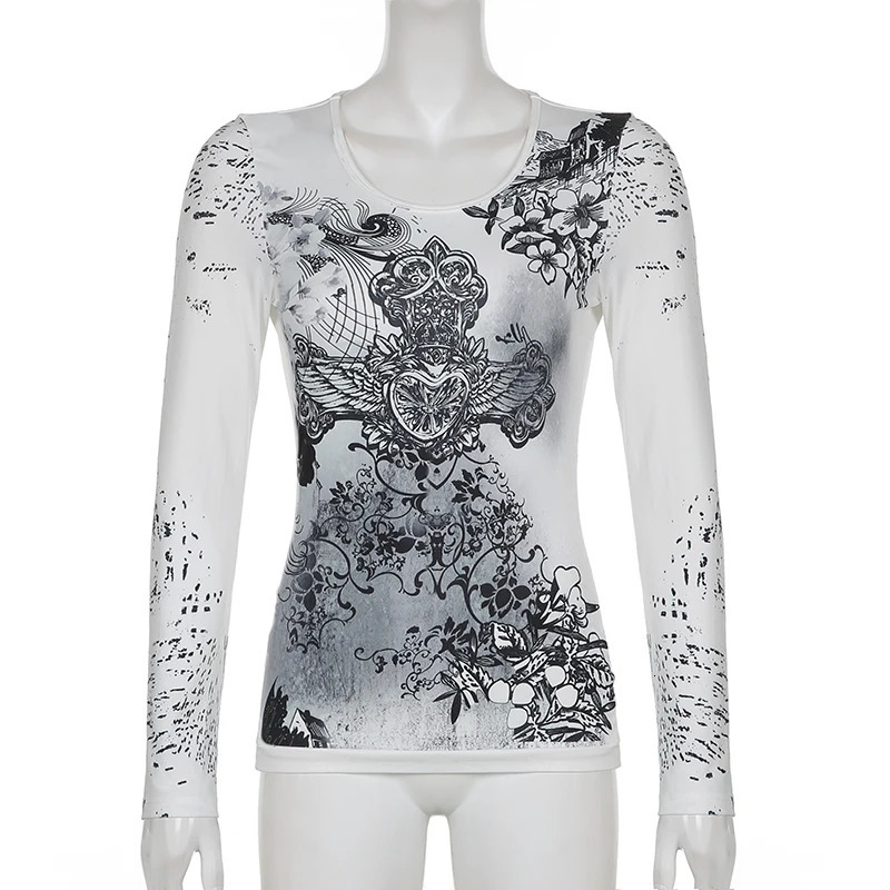 Rhinestone Graphic Print Tshirt Retro Harajuku Fairycore Grunge Slim Fit Pullovers Tees y2k Aesthetic Vintage Gothic Tos Women 250226