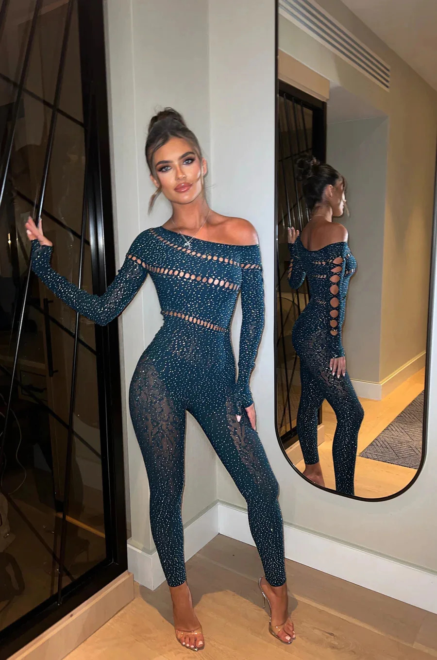 Off Shoulder Long Sleeve Jumpsuit for Women Hollow Out Slim Bodycon Rompers Fashion Streetwear Nightclub Party Overalls 250227