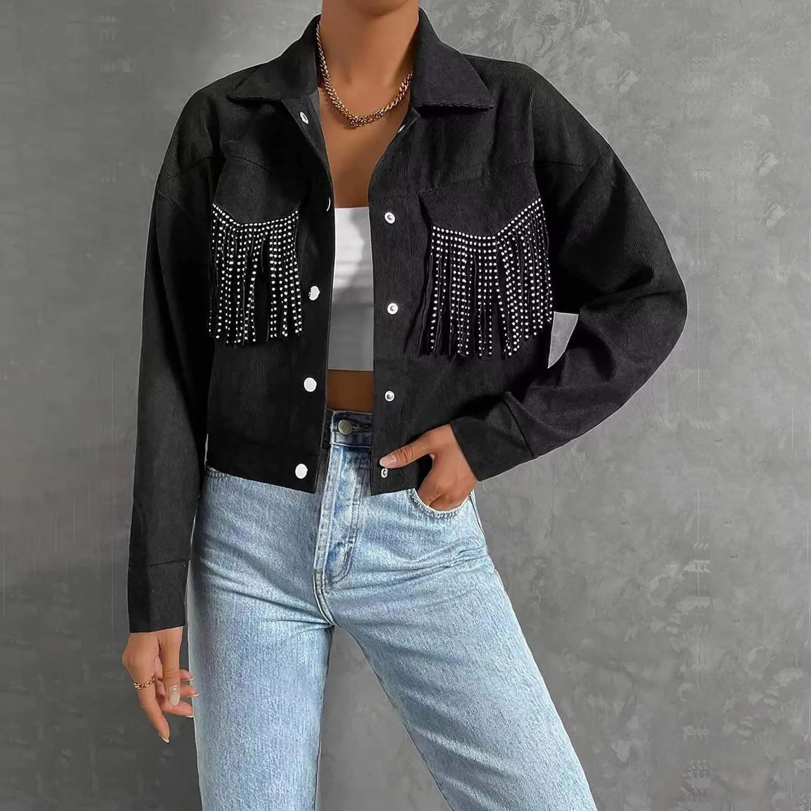 Womens Fringe Lapel Demin Short Jacket Tops Streetwear Plus Size Button Up Cropped Outwears Fall Loose Fit Shirts Trench Coats 250227