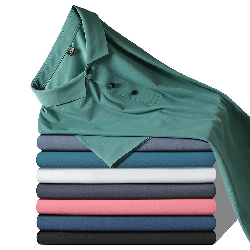 Summer Ice Silk Polo Shirt High-End T-Shirt Solid Color Half Sleeve Non-Marking Casual Lapels Business Thin Menswear 250224