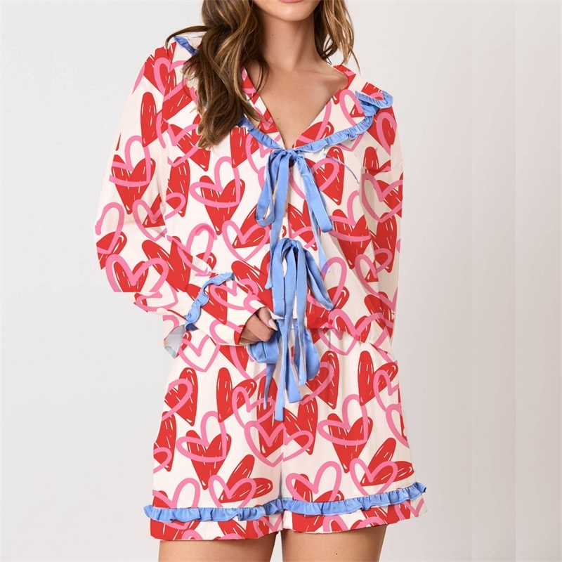 Women Tracksuits Two Pieces Set 2025 New Pleated Long Sleeved Thin Printed Valentines Day Series Pajamas Casual Set 5 Colors