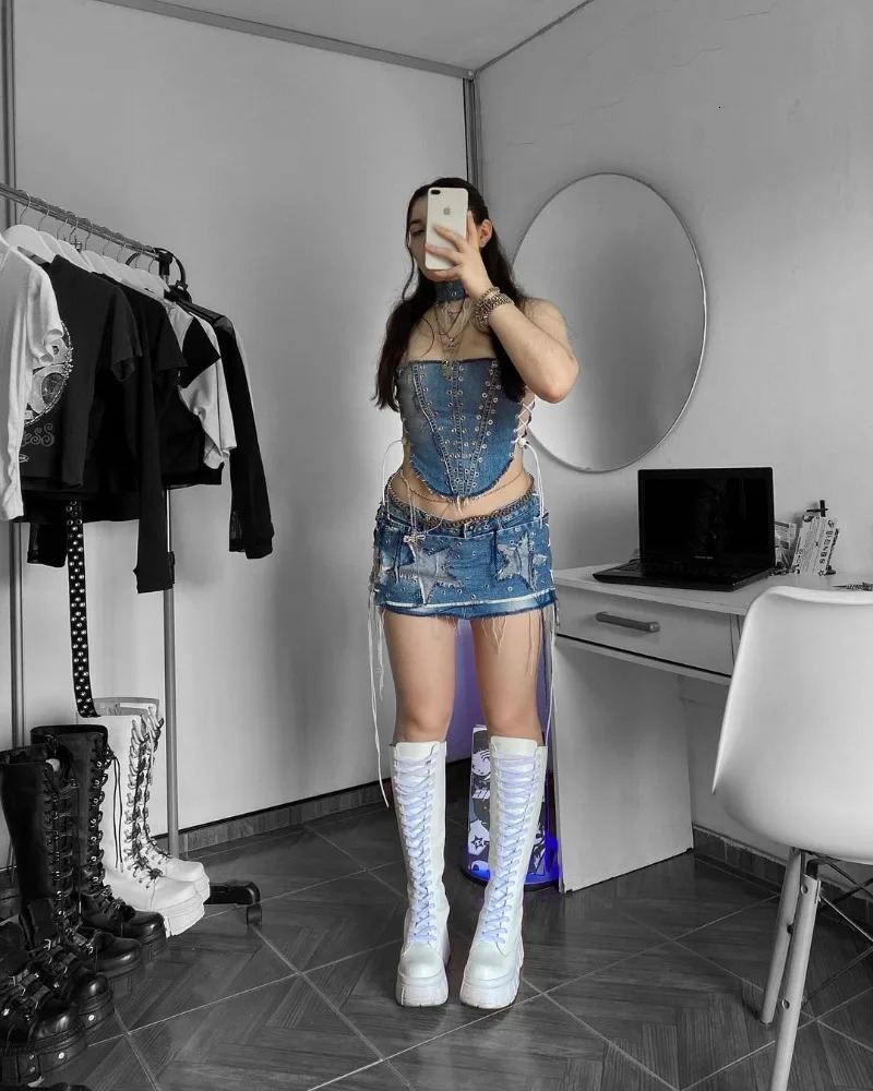 Y2K Fashion Star Patch Embroidered Sexy Skirt Women Streetwear Vintage Gothic Harajuku Sexy Spice Slim Mini Skirt Suit 250226