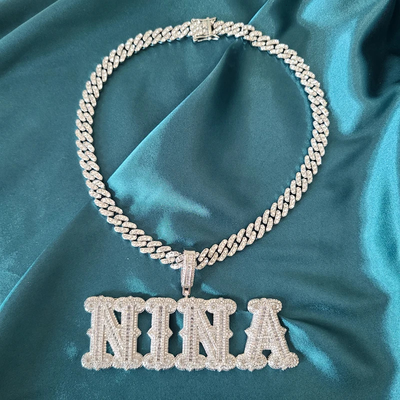 Customized Name Necklace A Zirconia Baguette Letters Cuban Chain Hip Hop Necklaces For Men Women Hip Hop Jewelry 250227