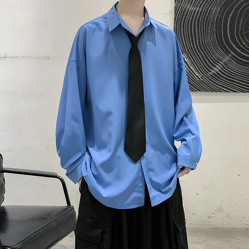 Tie Long Sleeved Shirt Men Fashion Society Mens Black Dress Shirt Korean Loose Casual White Shirt Mens Office Formal Shirts 250224