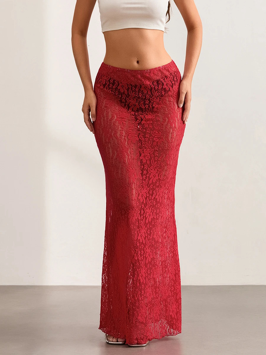 wsevypo See-Through Lace Floral Sheer Wrap Skirts Womens Fashion Low Rise Cover-ups Bodycon Skirt for Night Clubwear 250226