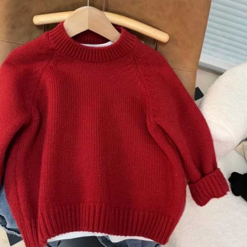 Pullover Childrens sweater simple red sweater for boys and girls autumn and winter casual with raglan sleeves knitted sweater pullover top for childre