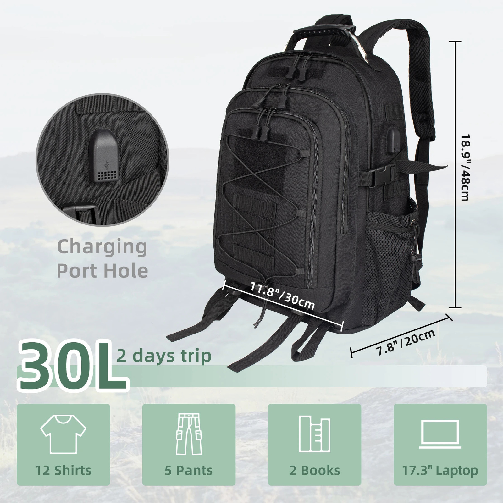 Ship from US School Bags Large Capacity Mens Waterproof Backpack Simple Multilayer 30L Men Tactical Softback Outdoor 250304FBB