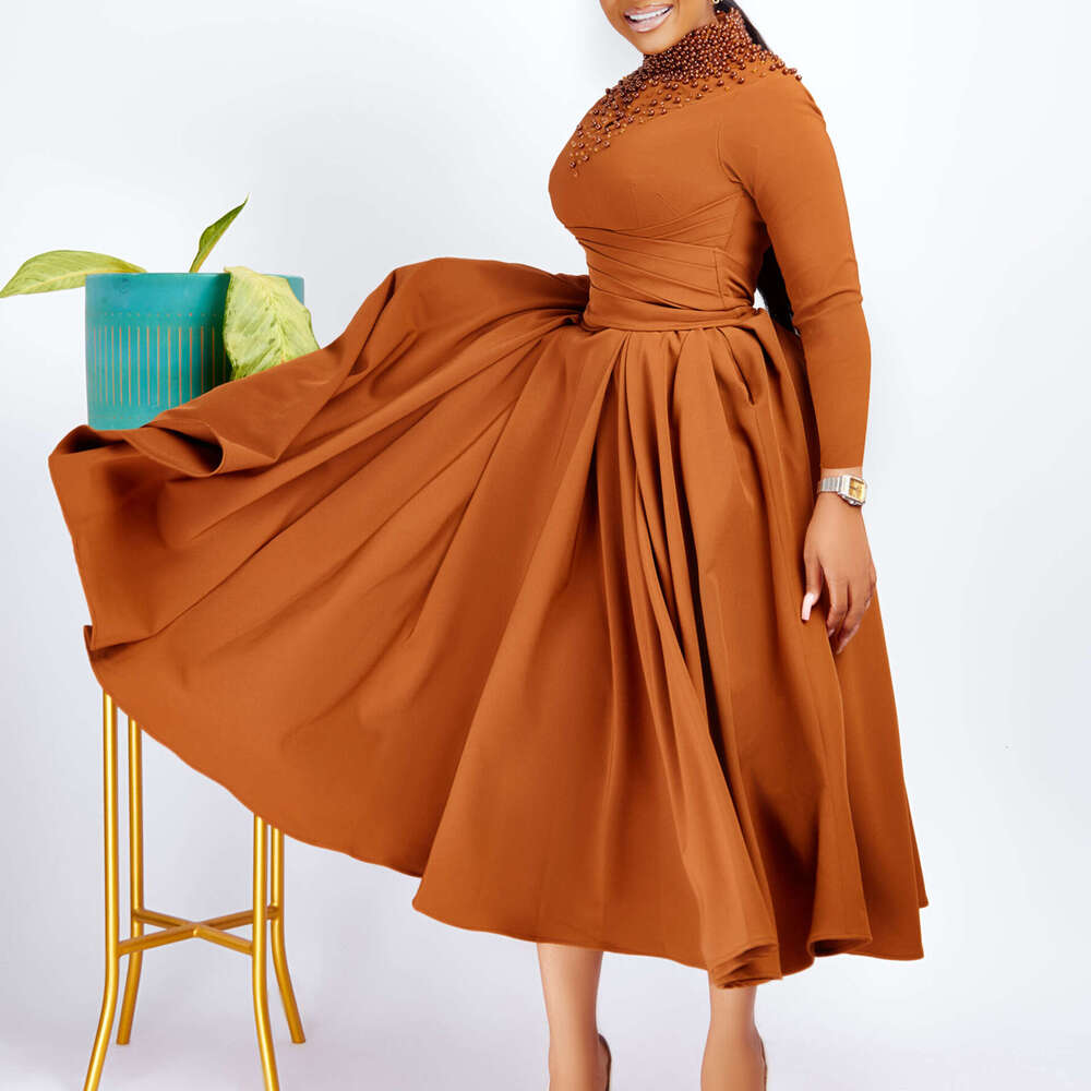 D454 Women's Fashionable High Collar Elegant Nail Bead Grand Swing with Waist Folding African Dress 2025 New Casual Versatile Fashion Clothing