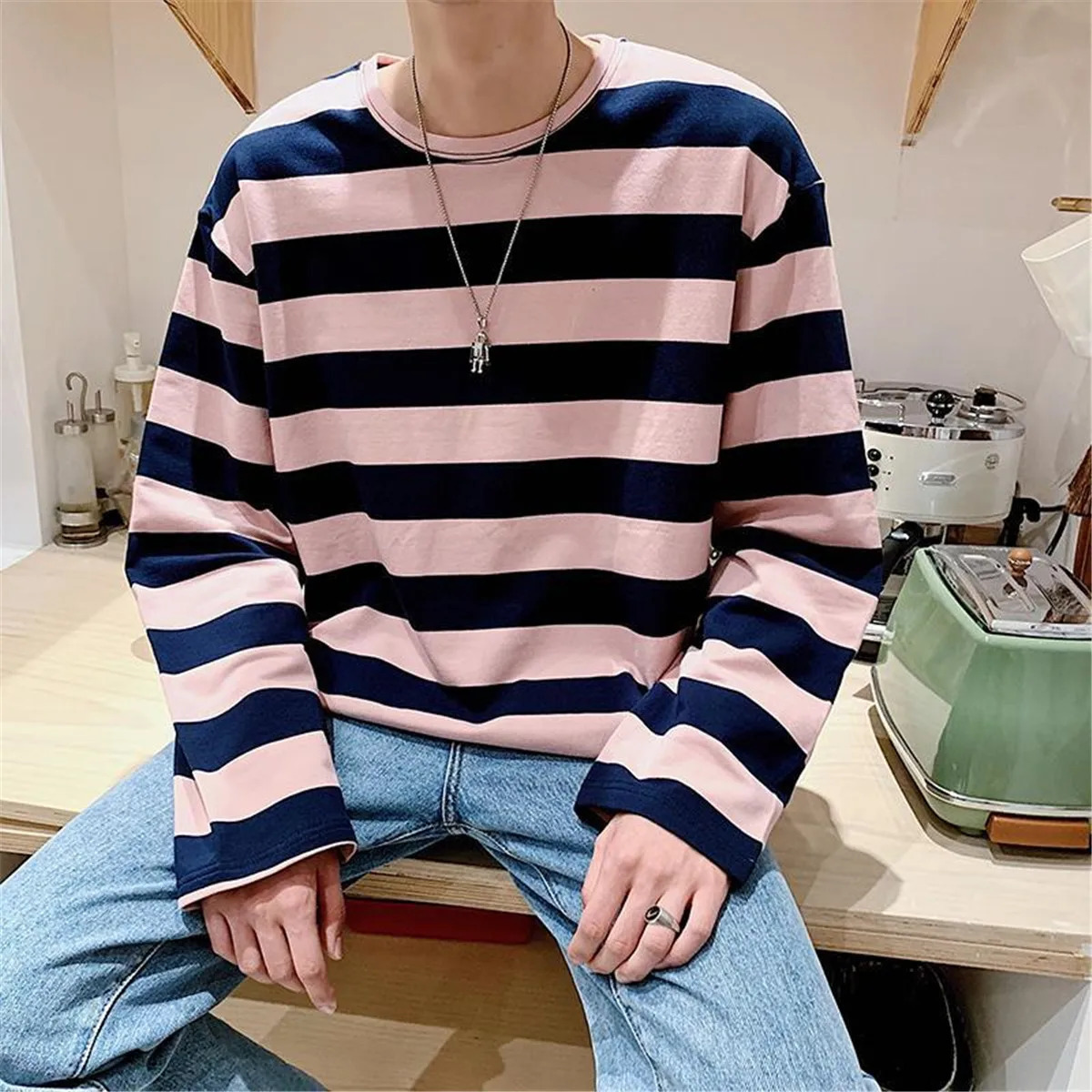 Fashion Punk Men Harajuku Black Red Striped Male Loose Oversized Long Sleeve Summer Boys Tees Retro T Shirt Clothes 250226