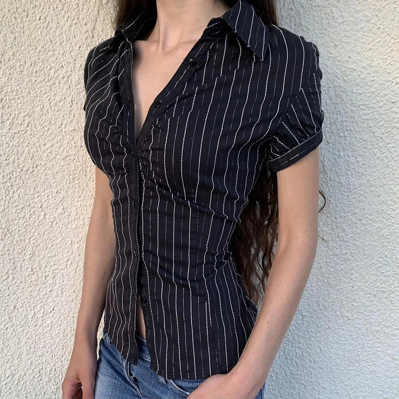 CIBBAR Black Striped Print Blouse Vintage 2000s Button Up Puff Short Sleeve Crop Top Women Korean Fashion T Shirt Streetwear y2k 250226