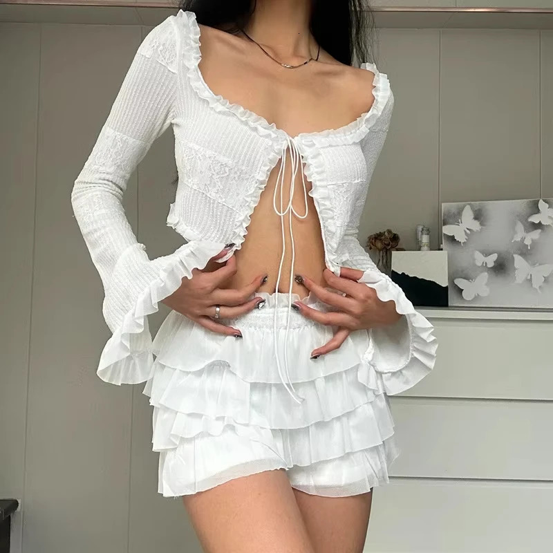 FZCSPEED Womens Ruffle Layered Mini Skirt Two-piece Set Square Neck Crop Top Cardigan Top Mini Skirt Slim Fit Two-piece Set 250226