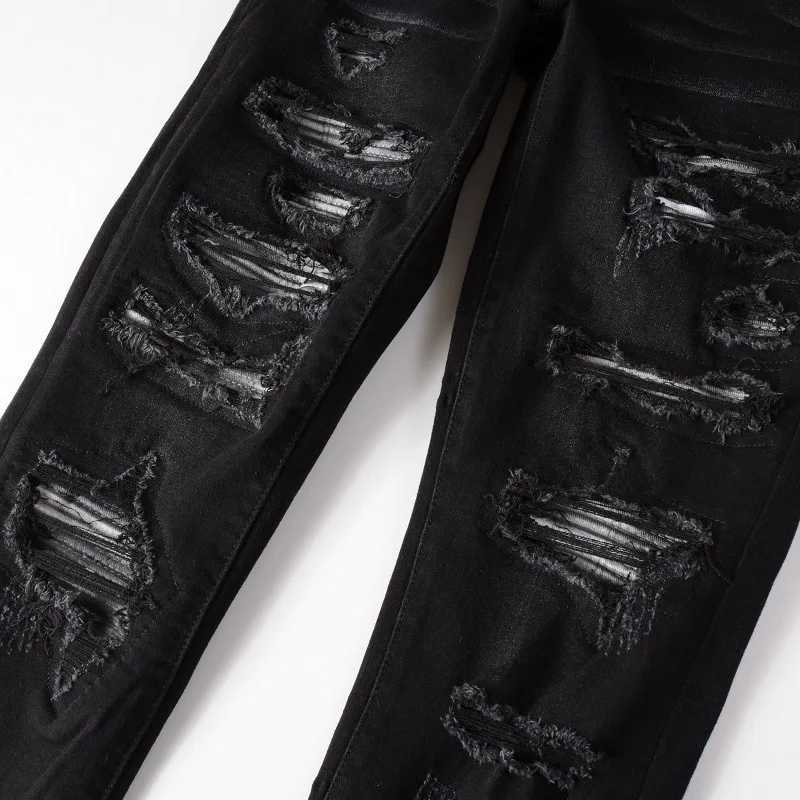 2024 High Street Trend Europe and The United States Street Trend Ripped Patch Jeans High Street Trend Mens Stretch Slim Pants X250227