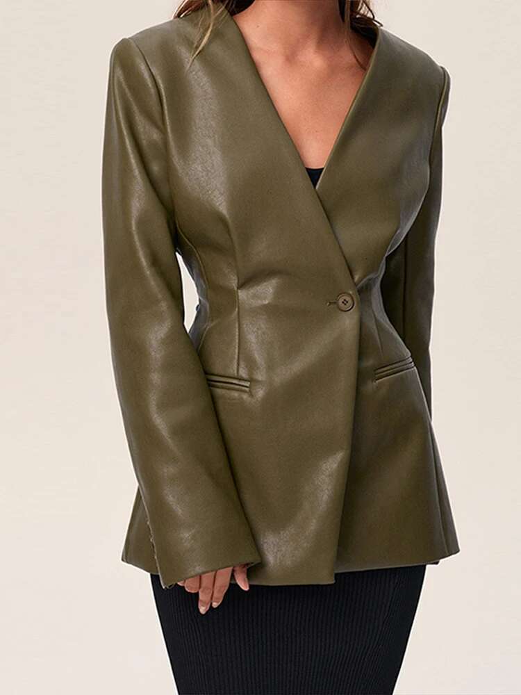 Vintage Pu Leather Women's Coat Elegant Pad Shoulder Waist Up Slim Full Sleeve Female Jackets Y2k Ladies High Street Outwears