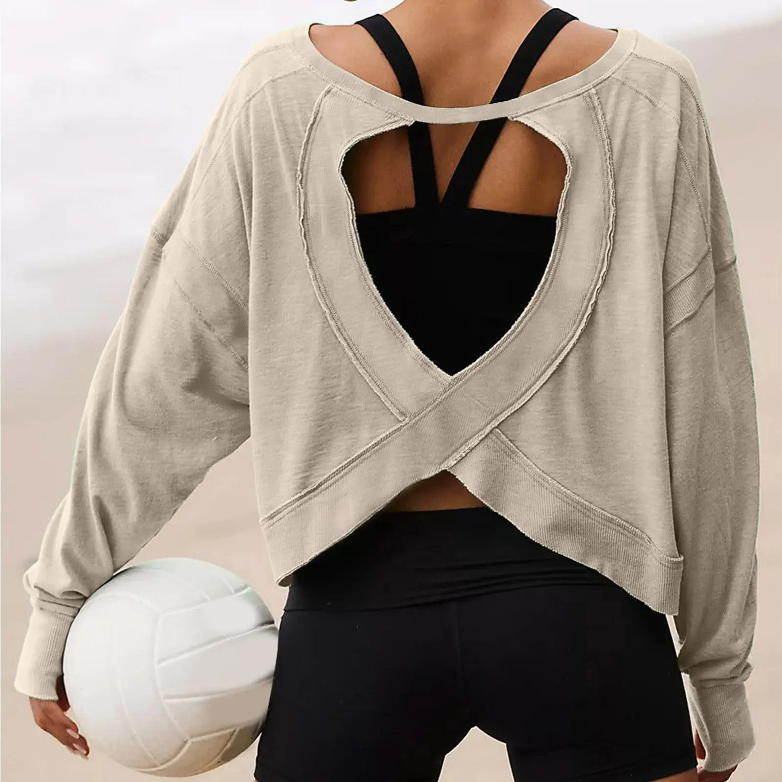 Womens loose long sleeved Tshirt womens shirt age reduction hollow round neck sports 250226