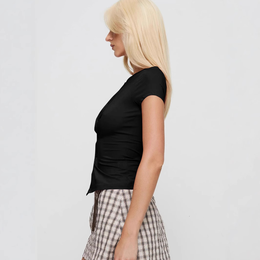 2025 Spring/Summer Women's New Round Neck Fashion Design Solid Color Button Slimming cardigan Spicy Girl T-shirt