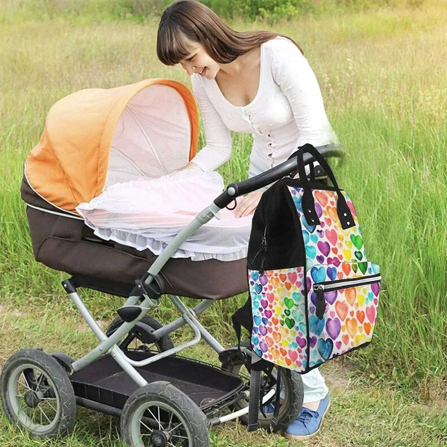 Diaper Bags Hearts Printed Mummy Backpack Diaper Bag Multi-Function Maternity Nappy BagsKid Bag with Laptop PocketStroller Straps Y250227MDL7