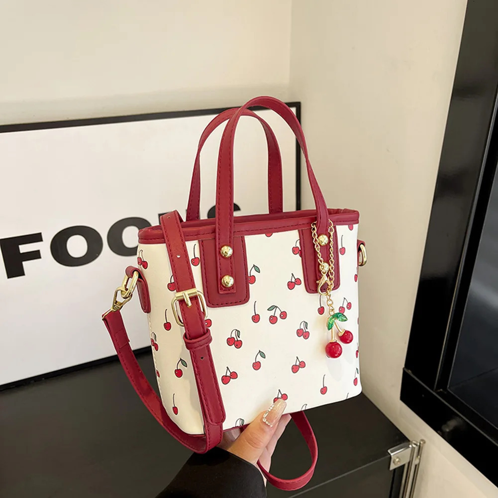 Ship from US Women PU Cherry Shoulder Bag Large Capacity Trendy Commuting with Pendant Stylish Crossbody Casual Satchel 250227FBB
