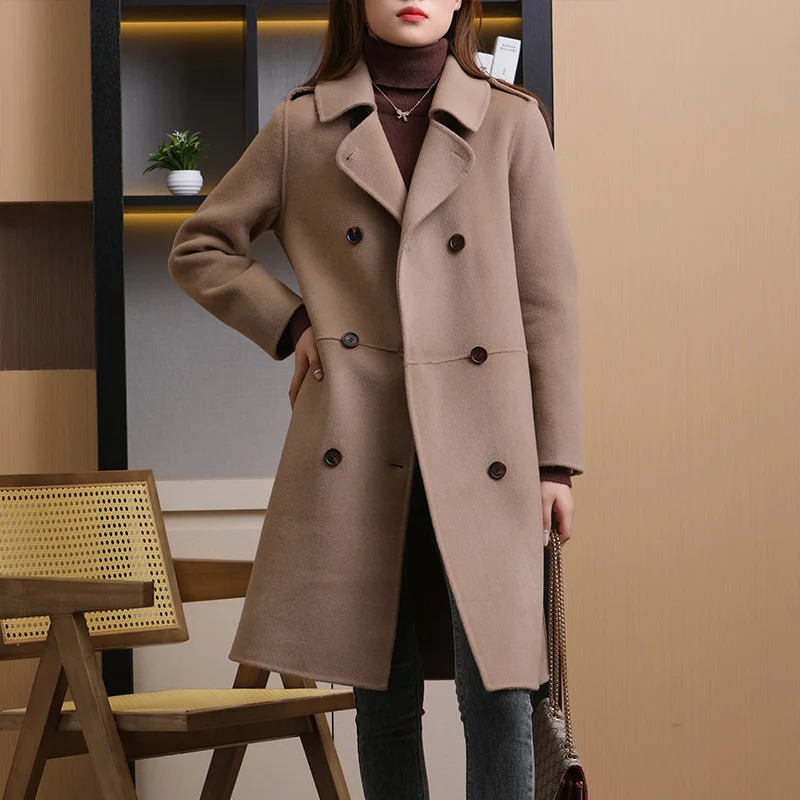 autumn and winter doublesided 100% pure wool coat loose temperature solid color beautiful womens 250227