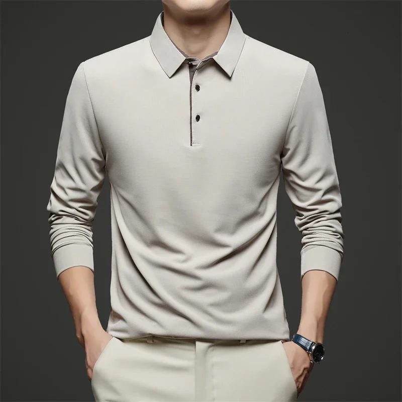 Mens Business Casual Long Sleeve Solid Color Polo Shirt Fashionable Warm Comfortable Four Seasons Versatile Top 250227