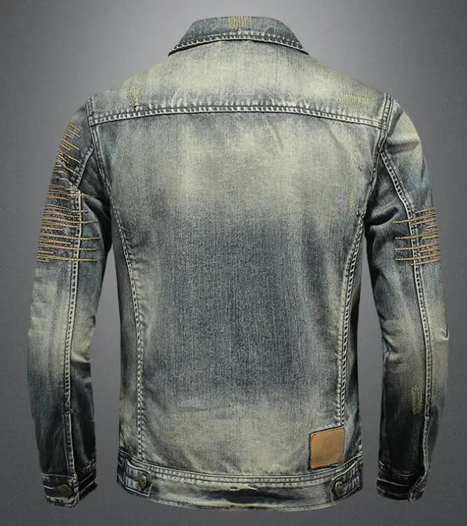 Riding Biker Denim Jacket Mens Retro Slim Cowboy Jacket Youth High Street Ripped Patch Denim Outerwear 250225
