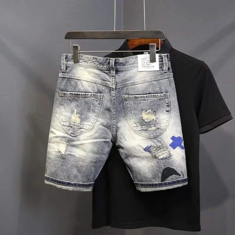 Summer Mens Fashion Scraped Patch Beggar Denim Shorts Hip Hop Washable Jeans Shorts Casual Middle Pants 250226