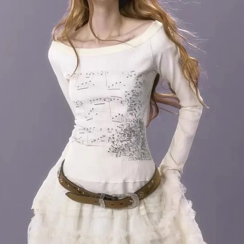 Womens long sleeved shirt cotton Tshirt music printing Y2k graphic trend slim womens fairy clothing EGirl 250226