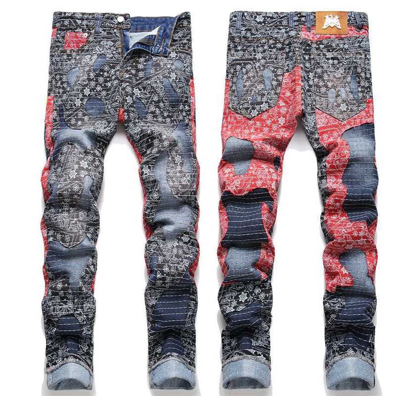 High Street Fashion Denim Jeans Printed Party Blue Splicing Color Blocked Non Stretch Straight Leg Male Trousers X250227