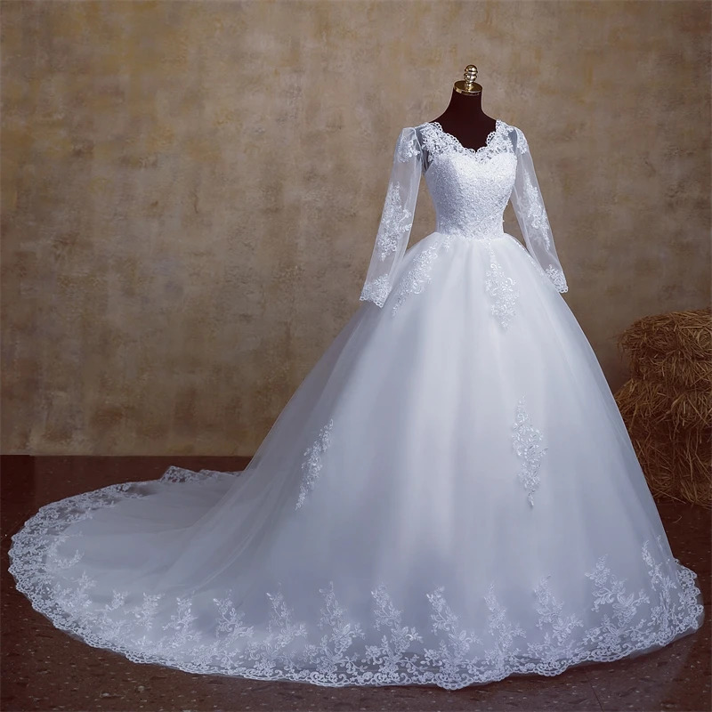 Y M V Neck Full Sleeve Customized Plus Size Vestido De Noiva 2025 Wedding Dress Long Train or Floor Appliqe Bridal Tulle Mariage 250224