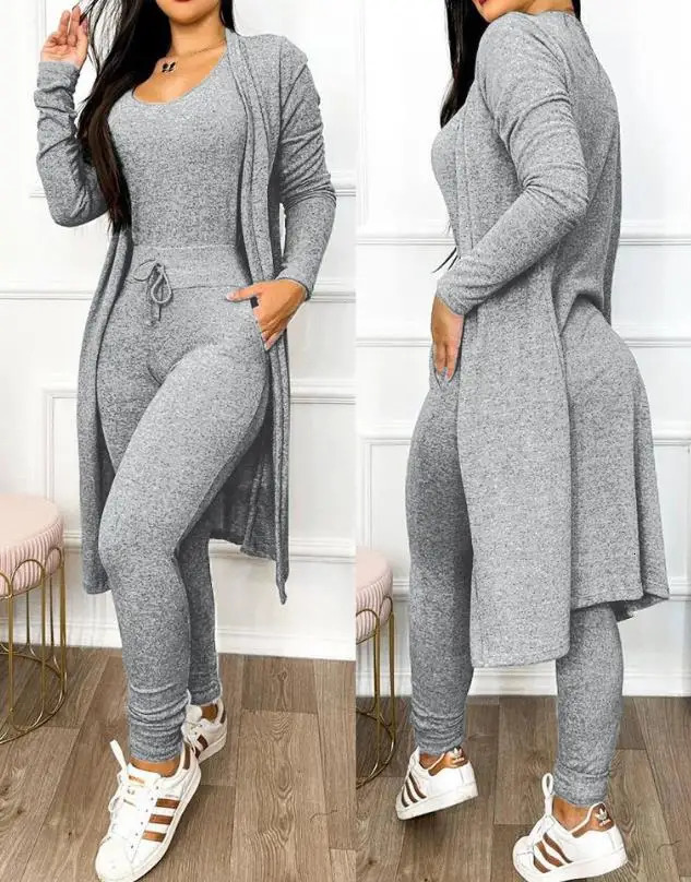 Autumn Womens Drawstring Pocket Jumpsuit Coat Set Temperament Commuting Women Fashion Suit Sets Two Piece Outfits 250224
