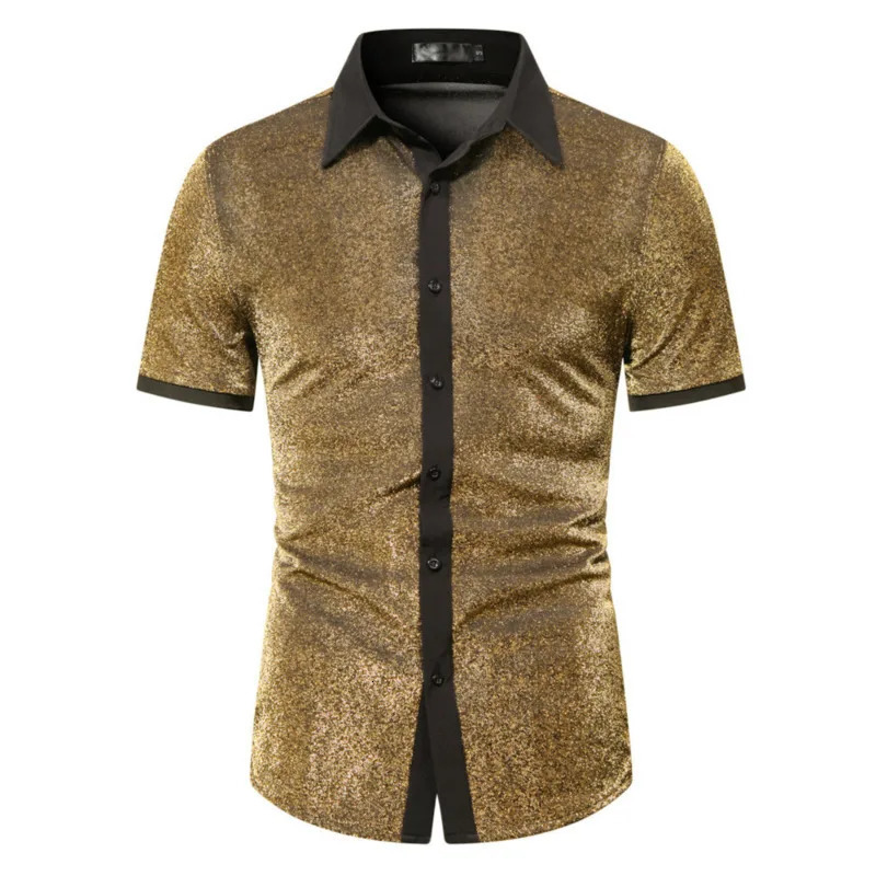 #4628 Gold Purple Silver Shinny Short Sleeve Shirt Men Split Joint Streetwear Mens Shirts Regular Fit Party Night Club Hip Hop 250224