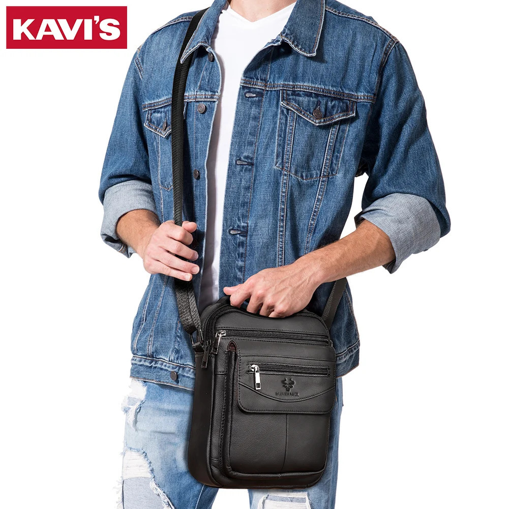 Ship from US KAVIS Cowhide Shoulder Bag Top Layer Leather Crossbody Messenger High Quality Mens Trendy Handbag with Cell Phone Pocket 250227FBB