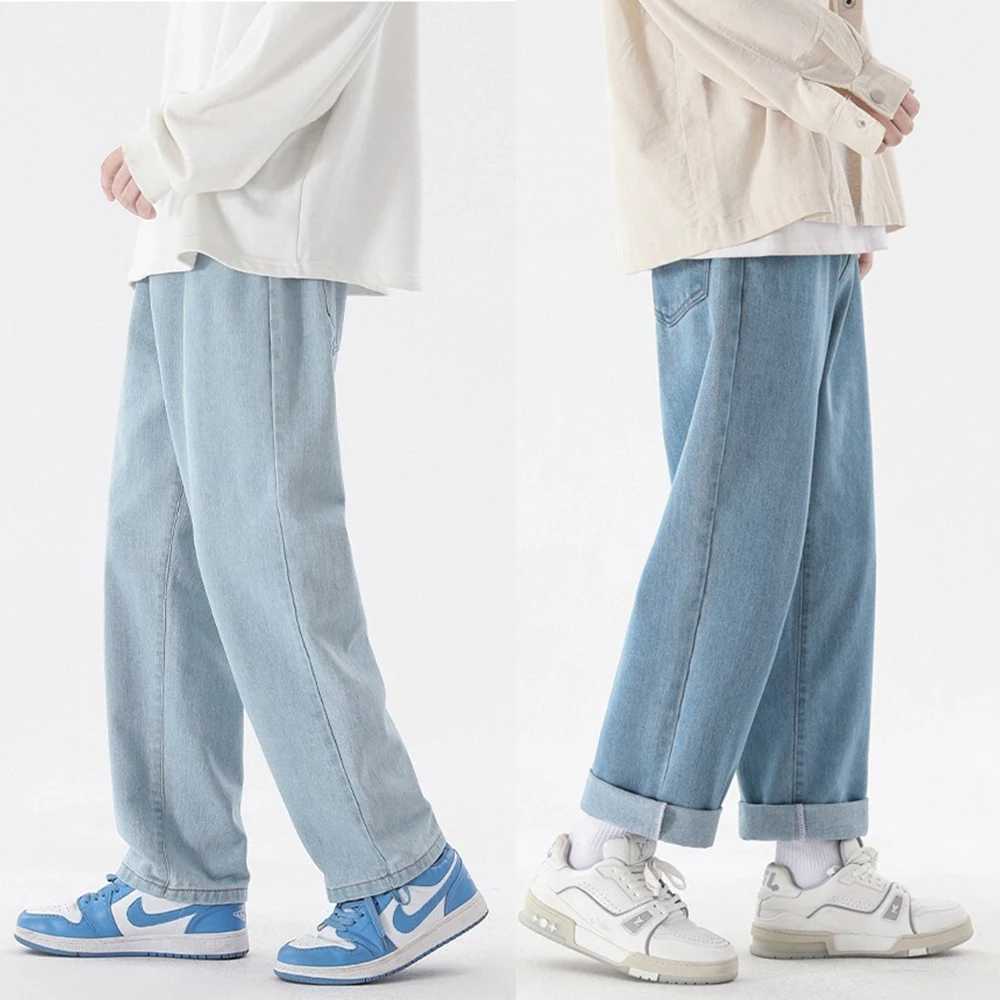 Korean Fashion Mens Casual Ankle-Length Jeans Classic Man Straight Denim Wide-leg Pants Solid Colors Light Blue Grey Black 3XL X250227